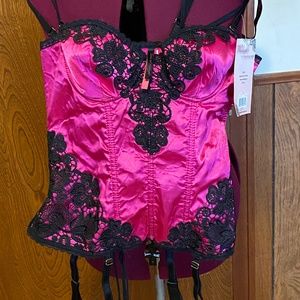 Seven Til Midnight Corset & Thong Set Fuchsia with  Black Lace Size L